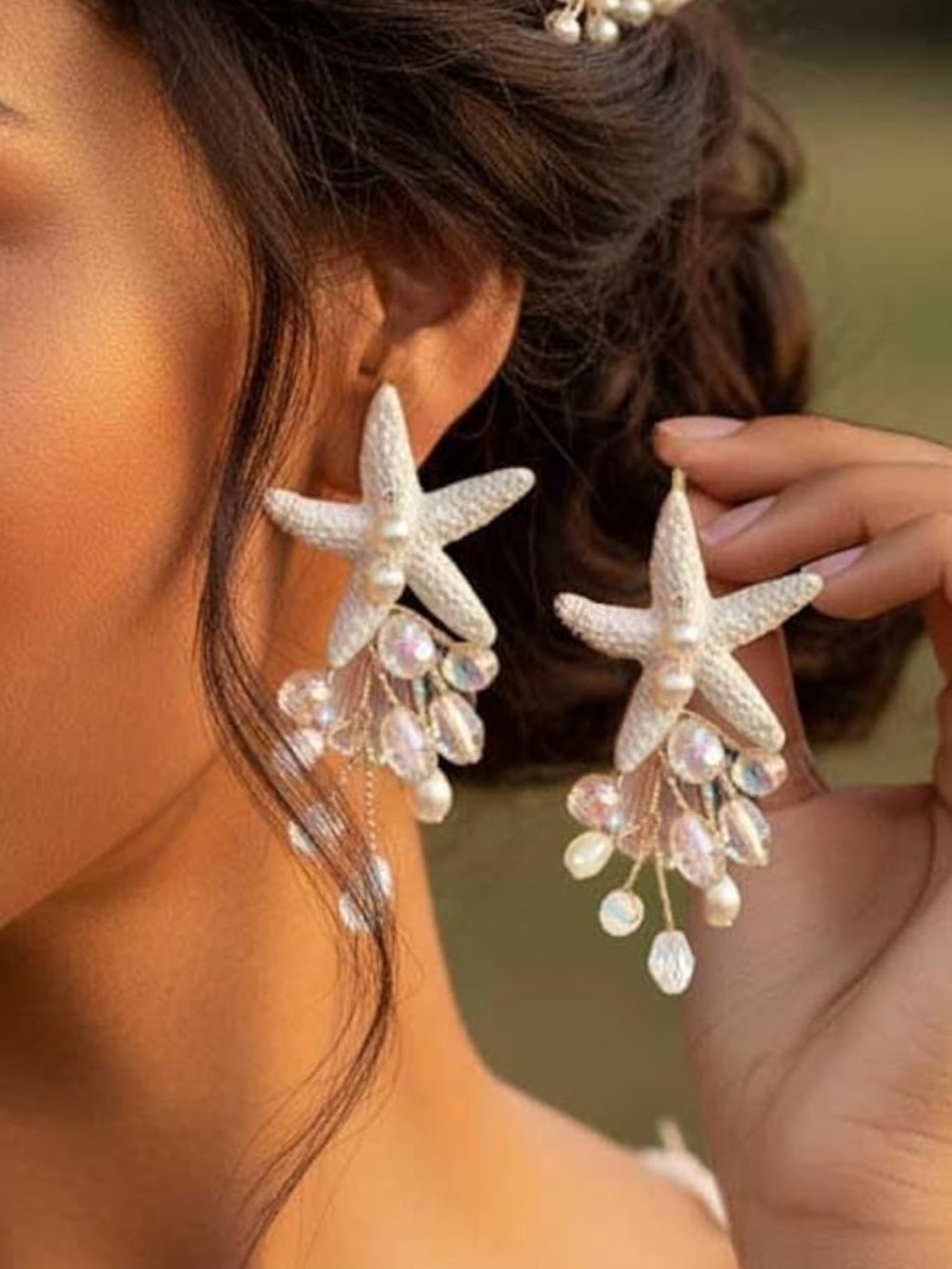 Pearl & Crystal White Starfish Drop Earrings - Women Jewelry